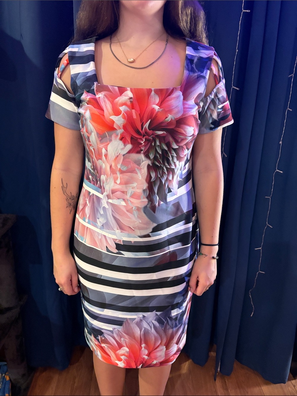 Joseph Ribkoff Floral & Stripe Square-Neck Midi Dress - Coral, Pink & Navy